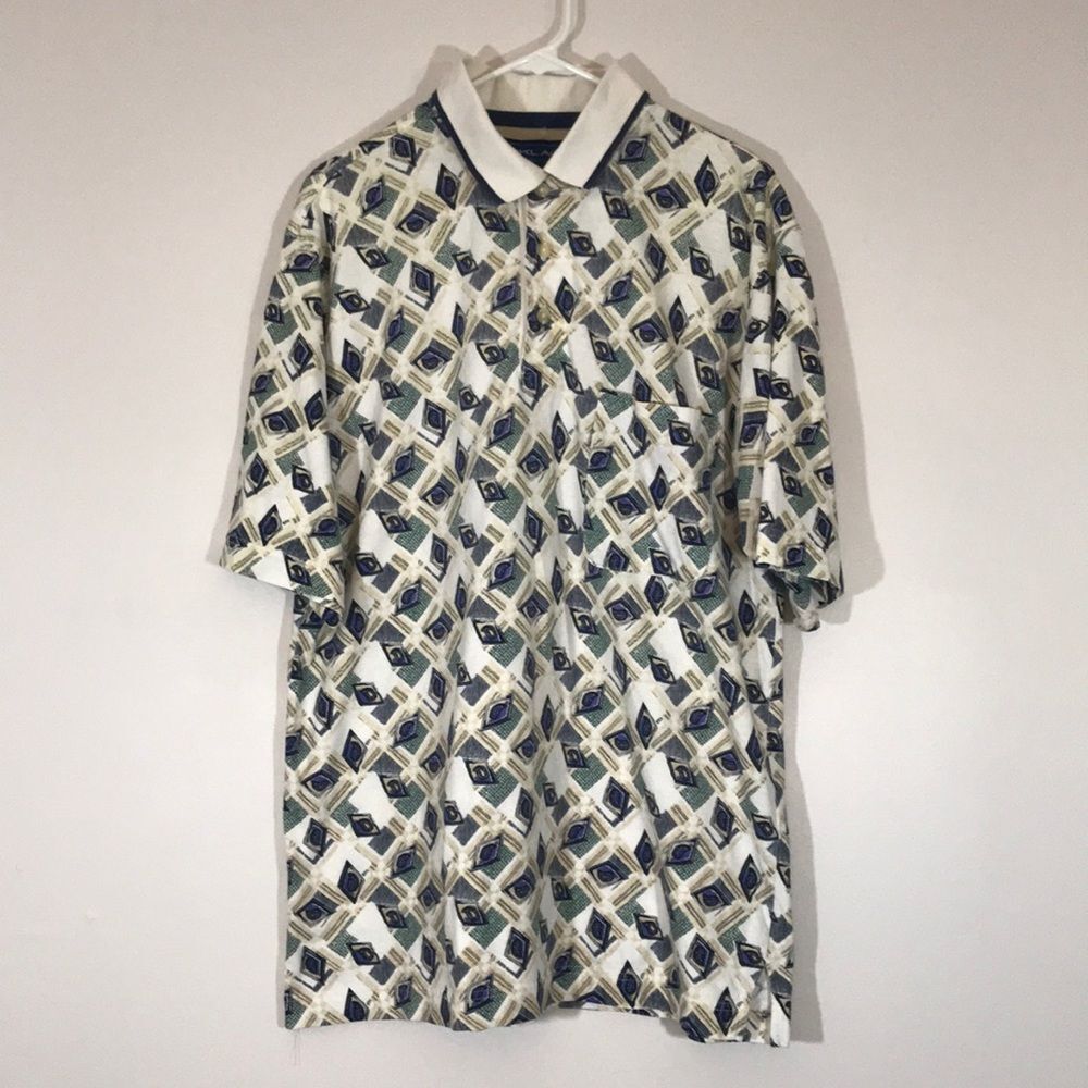 Vintage Nicklaus Men’s Polo Tee 100% Cotton XL Patterned White Blue Green
